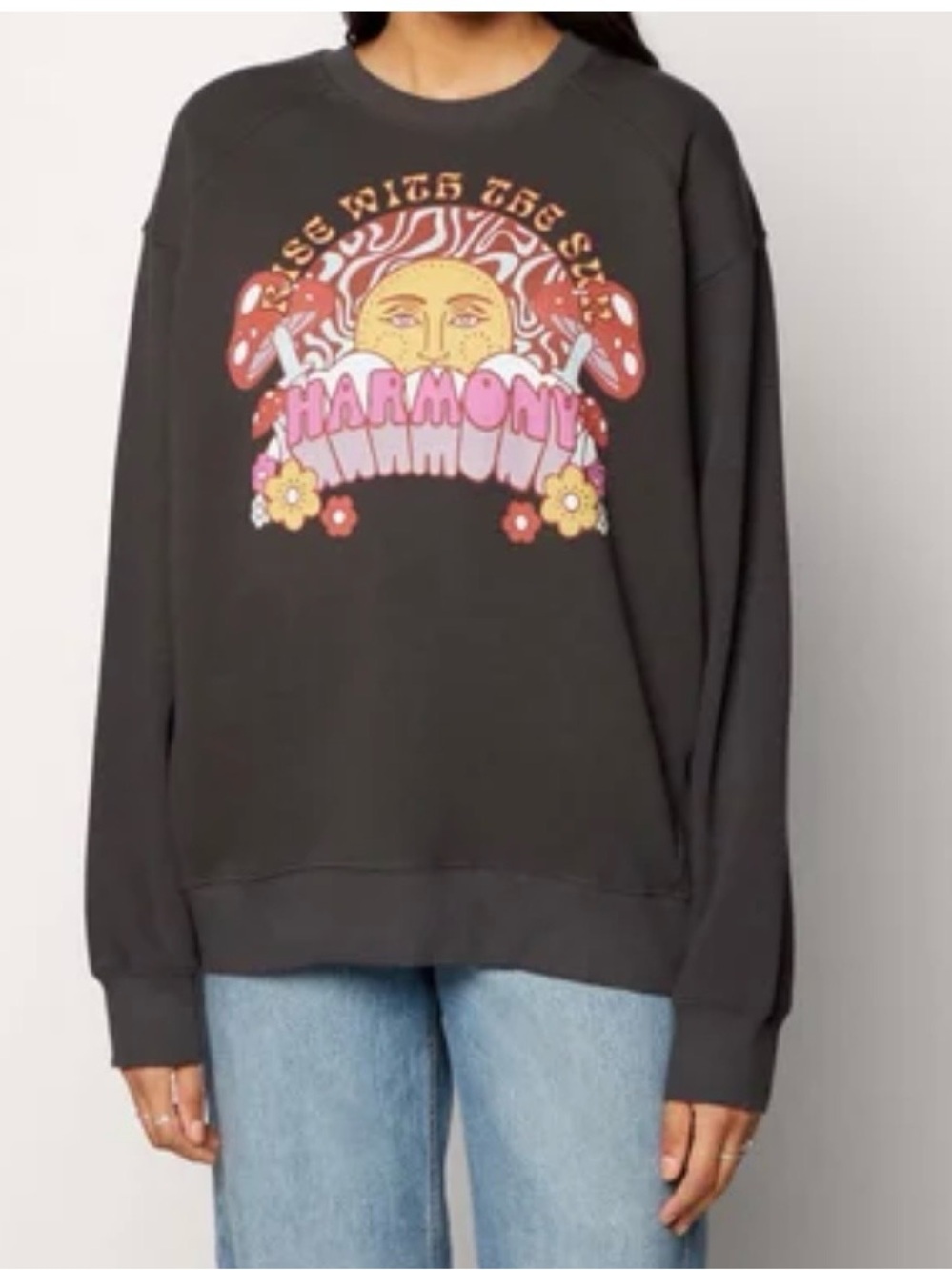 Hollister Charcoal Crewneck with 'Harmony' Retro Graphic 🌞🌸🌺